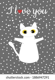 White cat on a gray background with white polka dots. Congratulatory winter card. Pattern for fashionable prints on poster. Vector.
