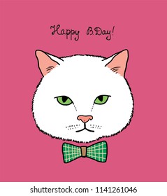 White cat on pink background. Birthday card design illustration. - Vector
