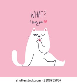 A white cat on a pink background licks its paw. I love you