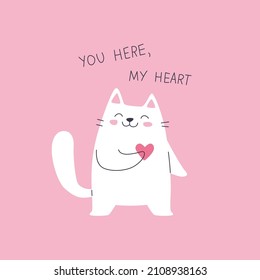 A white cat on a pink background shows a heart. Valentine's Day