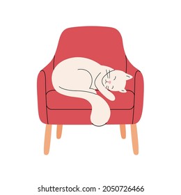 A white cat on a red chair with legs. The cat sleeps on the couch. Stylish vector illustration in a flat style with lines. Perfect for furniture store, pet friendly cafe or hotel. Cozy home concept