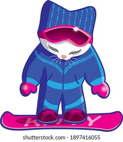gato blanco en snowboard, training, vector carácter