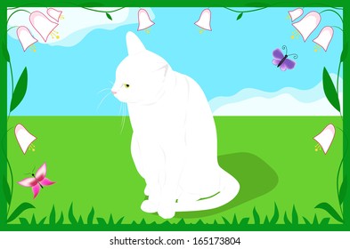 White cat on a spring meadow with flowers and butterflies