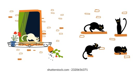 A white cat on the window drops a flower pot. Cheerful vector illustration with a brick wall and a window with a curtain. For poster, fabric, paper, printing on children's and adult clothes.