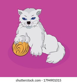 white cat with orange ball