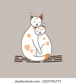 White cat with orange heart pattern hugging each other in love.