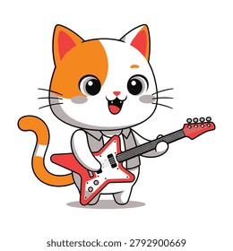 A white cat with an orange patch on its face plays an electric guitar excitedly wearing a vest