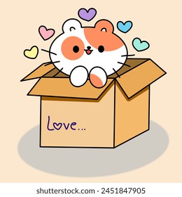 Eine weiße Katze mit orangefarbenen Streifen ist in einer Schachtel.