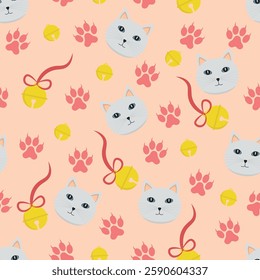 White Cat Pattern - White Cats Heads, Bells and Paws on Pink Background. Seamless Link.