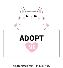 White cat , paw print hands. Adopt me. Pink heart. Pet adoption. Help homeless animal Cute cartoon kitty character. Funny baby kitten. Flat design. White background Vector