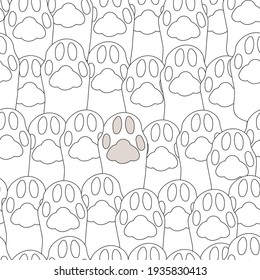 White cat paws pattern. A pink paw of a cat surrounded by monochromatic ones. Black outline.