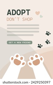 White cat paws and text adopt don't shop. Simple illustration calling for animal adoption from the shelter. Help homeless animal concept. Vertical banner template. flat vector