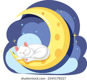 Gato blanco durmiendo pacíficamente en una luna creciente