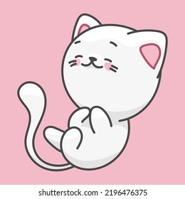 White cat, pet character. Cute drawing in kawaii style.