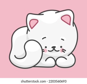 White cat, pet character. Cute drawing in kawaii style.