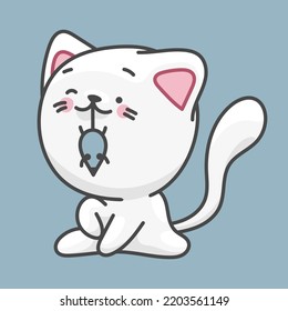 White cat, pet character. Cute drawing in kawaii style.