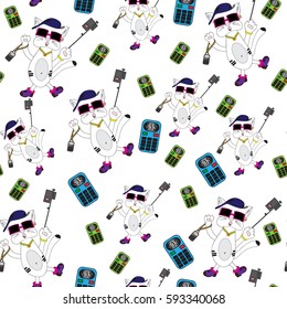 White cat with a phone and a selfie stick. An animal in a cap and gym shoes. Freehand sketch. Bright, creative illustration. Seamless pattern.
