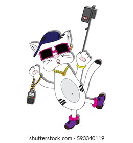White cat with a phone and a selfie stick. An animal in a cap and gym shoes. Freehand sketch. Bright, creative illustration.