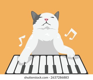 White cat pianist. Adorable white cat playing piano. Cartoon flat vector illustration.