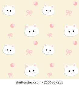 White cat, pink bow on yellow background, fabric pattern, gift wrapping paper, notebook cover pattern , seamless pattern 