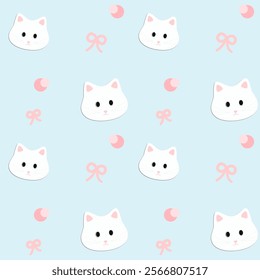 White cat, pink bow on light blue background, fabric pattern, gift wrapping paper, notebook cover pattern , seamless pattern 