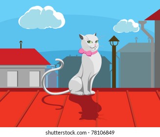 white cat with pink bow sits on roof