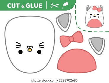 White cat with pink bow. Squishmallow. Cut and glue. Applique. Paper game. Kitten. Kawaii, cartoon. Isolated vector illustration eps 10