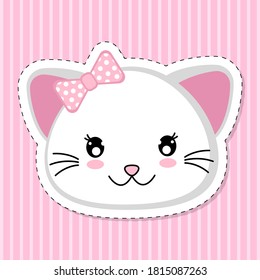 White cat with pink bow sticker. Kitten in the style of kawaii. Vector illustration.