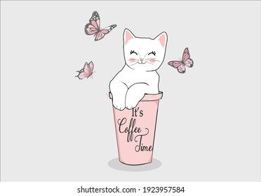 white cat with pink coffee and dbutterfly