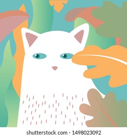 a white cat with pink ears sits among the plants. Around the plant are orange, green, pink. Gradient is used in the picture.
