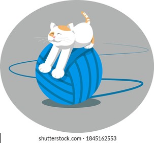 The white cat is played with a skein of thread. The cat stretches while sitting astride a skein of yarn. Stock vector illustration
