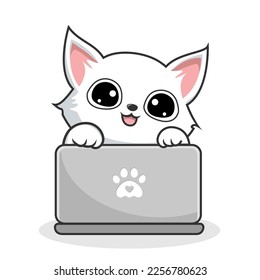 White Cat Playing Laptop Notebook - Cute White Pussy Cat Kawaii