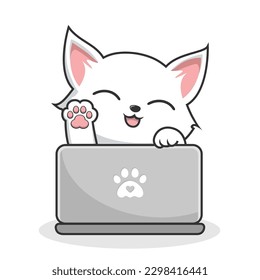 White Cat Playing Laptop Notebook - Cute White Pussy Cat Waving Paws Cartoon