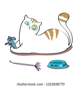white cat playing with a mouse. playing hide and seek with a funny cat. sticker for the children's room. vector illustration. Cute catoon card with kittens. Playing cats.blue pet bowl