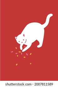 White cat plays with confetti. Cute character on red background, greeting card design, vector iilustration.