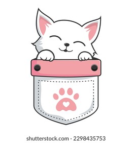 White Cat in Pocket Cartoon - Cute White Pussy Cat Hide in Pouch