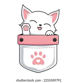 White Cat in Pocket - Cute White Pussy Cat in Pouch - waving paws-3 svg