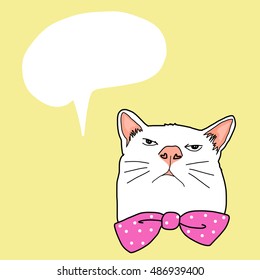 White cat with polka dot bow tie. Hipster cat with word balloon. Soft yellow background. vector illustration.