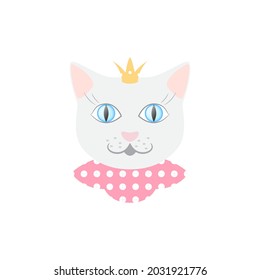 
White cat princess with blue eyes with a crown and pink collar. Head, portrait, avatar, icon, symbol, image, element, logo. Isolated vector illustration on white background