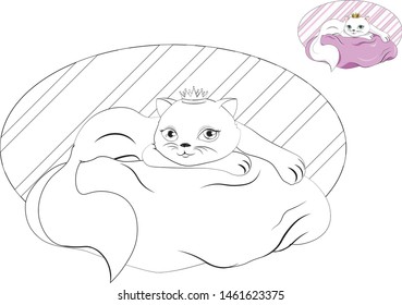 the white cat princess with crown, lies on a pink pillow, coloring