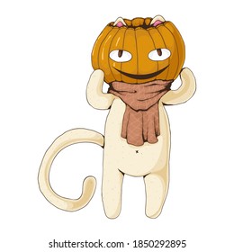 White cat with pumpkin head and cute cozy scarf. Vector cartoon illustration. Halloween concept. Card concept. Best for print, web and print design.