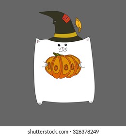 White cat with a pumpkin. Vector element for design