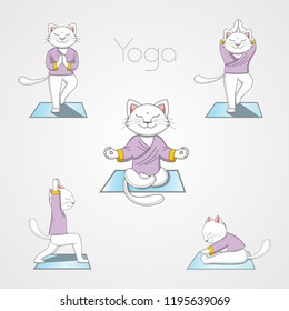 White cat in purple clothes doing yoga on the carpet in various poses. Vector illustration on gray isolated background.