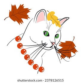 White cat with red beads and autumn leaves