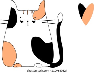 white cat with red and black spots flat illustration hand drawing isolated vector simple sketch