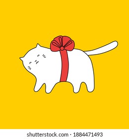 Un gato blanco con un arco de regalo rojo. Ilustración vectorial colorida.