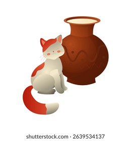 White cat with red spots and clay jug with milk. 