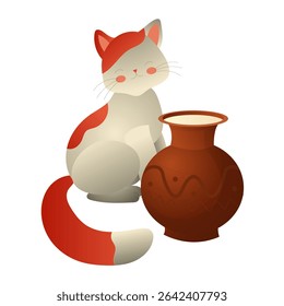 White cat with red spots and clay jug with milk. 