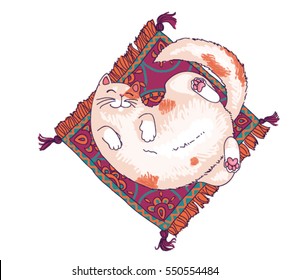 White cat with red spots lying on the square ornamental carpet. Hand drawn colorful vector illustration. Isolated on white