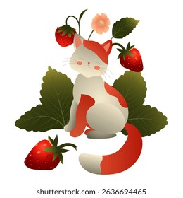 White cat with red spots and ripe strawberries. 
